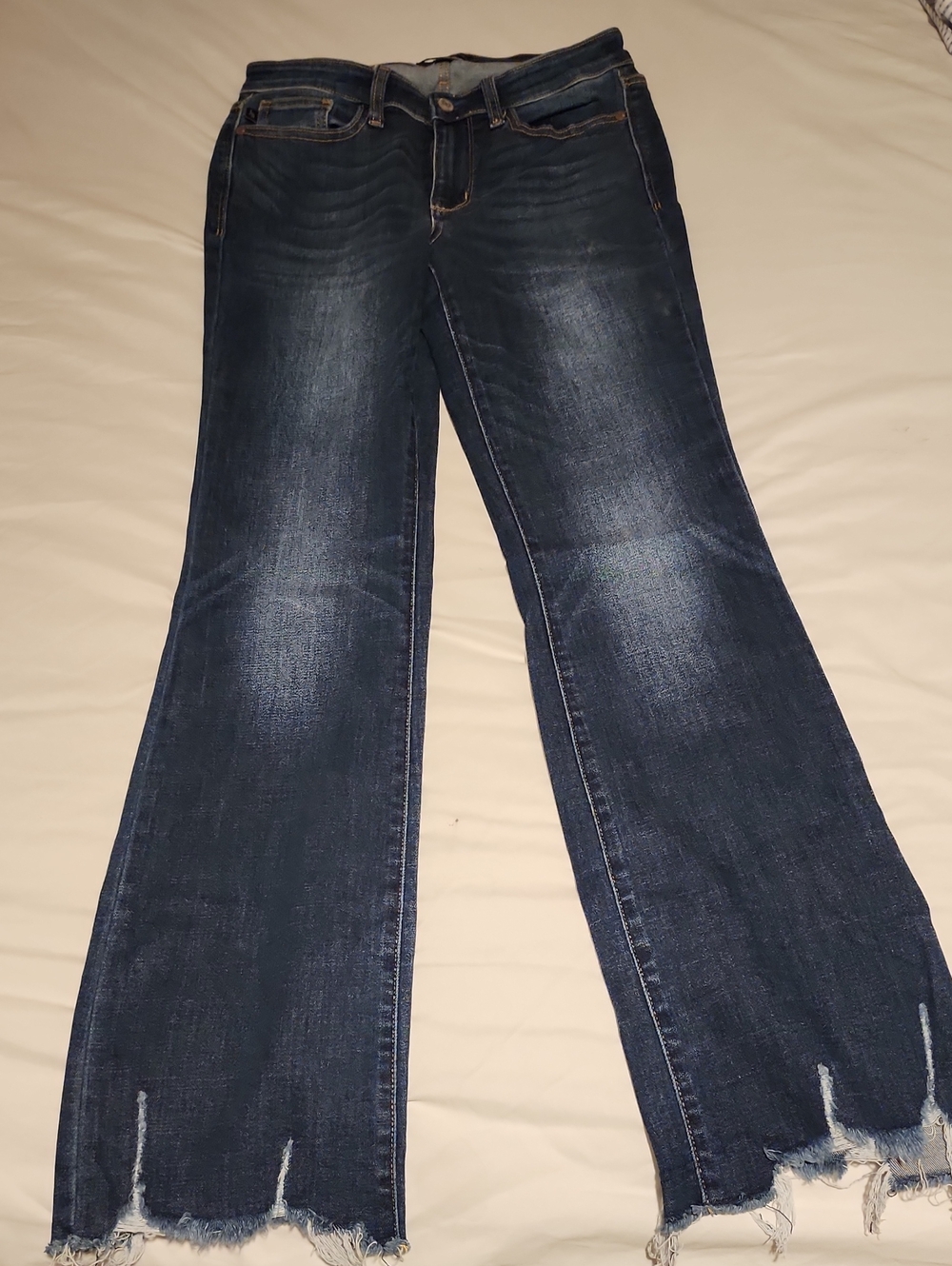 Women's Dark Blue Flare Jeans with Frayed Raw Hem